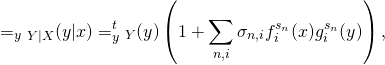 \[\yh = \argmax_{y} \Ph_{Y|X}(y|x) = \argmax_{y} \Ph^t_Y(y)\left(1+ \sum_{n,i}\sigma_{n,i}f^{s_n}_i(x)g^{s_n}_i(y)\right),\]